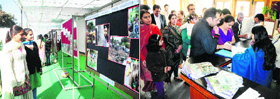 Students take a look at photos during an exhibition at the State Institute of Education; and (right) parents queue up for admission forms at Saupin’s School in Chandigarh on Thursday.