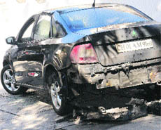 The car that was set on fire in Sector 9, Chandigarh, on Wednesday. 