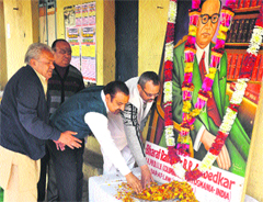 The All India Scheduled Castes and Scheduled Tribes Railway Employees Association pays tributes to BR Ambedkar on his death anniversary in Jammu on Thursday. Tribune photo: Anand Sharma