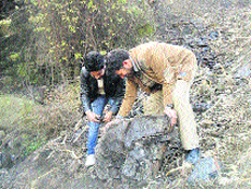 Lignite being excavated from a hillock in Nachana village in Handwara on Thursday. Photo by writer