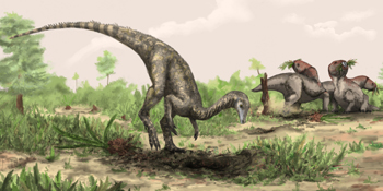 An artists rendering shows Nyasasaurus parringtoni, either the earliest dinosaur or the closest dinosaur relative yet discovered, in this image released by Natural History Museum, London. Nyasasaurus parringtoni, which was up to 10-foot long, weighed perhaps 135 pounds, is depicted near plant-eating reptiles of the genus Stenaulorhynchus. Reuters/Natural History Museum handout
