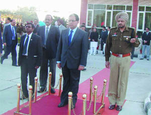 Chief Justice of Punjab and High Court Justice AK Sikri receiving a guard of honour from a police contingent on his arrival in Ferozepur on Friday. 