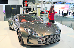 The Aston Martin One-77 2-door coup  one of the most exclusive vehicles in the world, with only 77 produced  at the 2012 Australian International Motor Show in Sydney. 