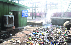 Shoddy condition just outside the Commercial Tax Railway Check Post at the Railway Station in Haridwar on Friday. Tribune photo: Rameshwar Gaur