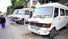 Ambulances parked outside Government Medical College and Hospital in Jammu. A fleet of 800 ambulances in the state will be equipped with global positioning system.