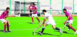A match in progress during the ONGC All-India Maharaja Ranjit Singh Junior Gold Cup Hockey in Amritsar on Saturday