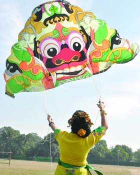 FLYING COLOURS: A participant flies a specially designed kite during the Delhi International Kite Festival-2012 on the lawns of India Gate in New Delhi on Saturday