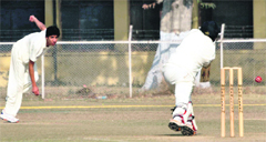 A match in progress at the Beehive Inter-College Cricket Tournament in Dehradun on Saturday. Tribune Photo: Vinod Pundir