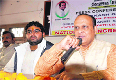 Akhil Sharma, chief of the National Congress Brigade, addresses a press conference in Haridwar on Saturday. 