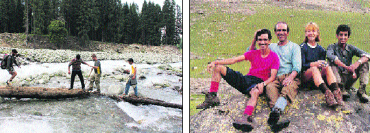 Ski mountaineers cross the Lidder valley in Pahalgam in south Kashmir; and (right) Muhammad Yusuf (left) with a European trekker during an expedition.
