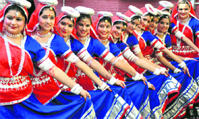 Students perform at the folk dance festival organised at Presentation Convent Senior Secondary School in Jammu on Saturday.