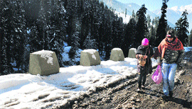 A couple takes a stroll near Chandanwari on the Amarnath route near Pahalgam in South Kashmir on Saturday.