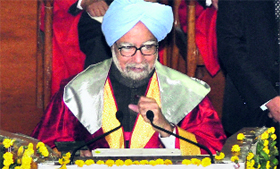 Prime Minister, Dr Manmohan Singh, addresses a gathering during the Golden Jubilee Convocation of the PAU in Ludhiana on Saturday.