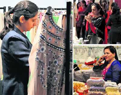(Clockwise from left) A woman takes a look at designer suits; a woman tries natural skin care products; jewellery showcased during the  Wedding Asia exhibition in Ludhiana. 