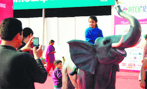 A man clicks his sons picture at PITEX-2012 in Amritsar on Sunday.