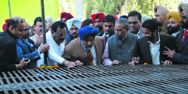 Deputy CM Sukhbir Singh Badal and Forest Minister Surjit Kumar Jyani inspect the canal-based drinking water project in Fazilka on Sunday.
