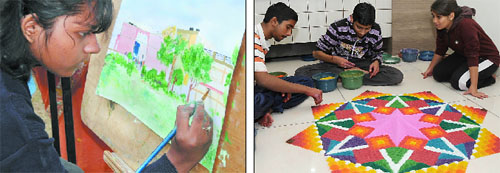 A student participates in the on-the-spot painting competition; participants give final touches to their creation for the rangoli making competition. Their creation won the first prize.