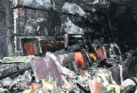 The chairs that were damaged in the fire that broke out at Nirman Theatre in Chandigarh on Saturday night