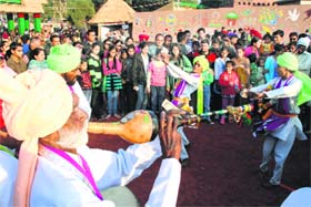 Artistes perform a cultural dance on the concluding day of the 4th Chandigarh National Crafts Mela at Kala Gram in Chandigarh on Sunday