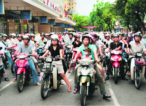 A busy and congested road in Hanoi, which has an estimated population of 6.5 million, making it the second largest city in Vietnam. 