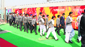 Students line up outside Red Ribbon Express in Kurukshetra on Sunday.