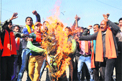 Activists of (Hindustan) Shiv Sena burn an effigy of the Consumer Affairs and Public Distribution Department against shortage of ration and kerosene in Jammu on Sunday. 