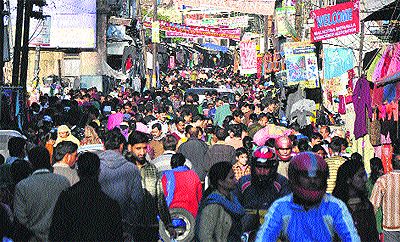 A crowded market at Purani Mandi Jammu on Sunday. In the absence of pedestrian ways, a shopper can simply lose ones way.  