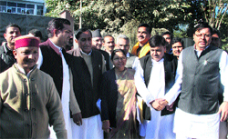 BJP legislators come out of the House in support of shiksha mitras, who were lathicharged by the police outside the Assembly in Dehradun on Monday. Tribune photo: Vinod Pundir