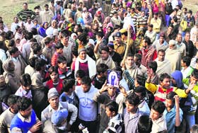 Villagers block the Kunjpura road on Monday
