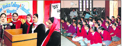 Students of the Lyallpur Khalsa College of Education for Women sing a song during a function in Jalandhar; and (right) students of Cantonment Board Senior Secondary School participate in a function at Jalandhar Cantonment on International Human Rights Day on Monday