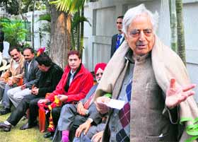 PDP patron Mufti Mohammad Sayeed addresses party workers at his residence in Jammu on Monday.
