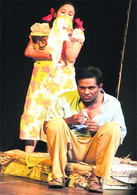 Artistes stage a play Aakash during the National Theatre Festival at Punjab Natshala in Amritsar on Tuesday
