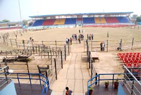 A view of the sports stadium in the city that is ready for the World Cup Kabaddi semi-final matches to be played today