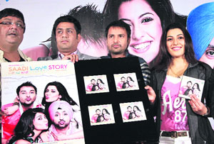 Actors of upcoming Punjabi film Sadi Love Story Amarinder Gill and Neetu Singh at the music launch ceremony of the film in Jalandhar on Tuesday.