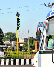 Traffic lights at Panama Chowk in Jammu.