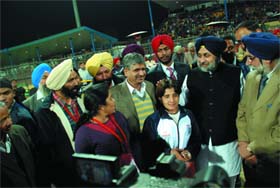 Indian stopper Anu Rani receives a reward of Rs 51,000 by Deputy CM Sukhbir Singh Badal, for her best performance in the semi-final match against England at the Multipurpose Sports Stadium in Bathinda on Wednesday