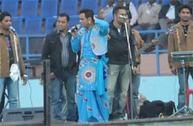 Punjabi singer Sarbjit Cheema performs before the semi-final matches of the third World Cup Kabaddi at the Multi-purpose Sports Stadium in Bathinda on Wednesday