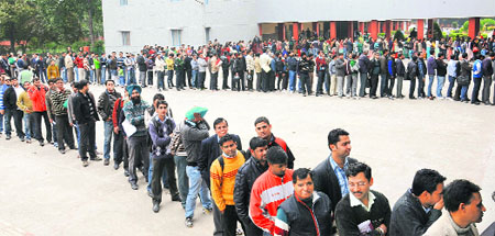 Parents stand in serpentine queues to get LKG admission forms at Sacred Heart School, Sector 26, Chandigarh, on Wednesday.