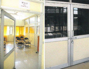 A classroom for MA students; and (right) a locked room in the building at the PU in Chandigarh.