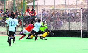 Players in action during the All India Police Hockey Championship in Jammu on Wednesday. 