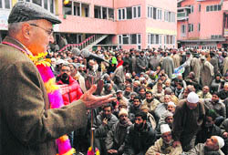 NC additional general secretary Mustafa Kamal addresses panchayat members in Srinagar on Wednesday.
