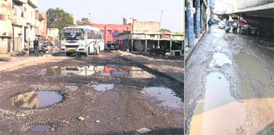 A road leading to the cremation ground of Sham Nagar near the main bus stand; and (right) a road in a poor condition at Bhadaur House at Ludhiana. 