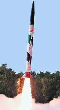 Agni-I lifts off from Wheeler Island on Wednesday. 