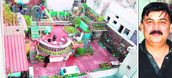 Yogesh Aneja; and (left) his terrace garden in Amritsar