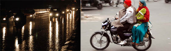 (Left) The city experienced showers on Thursday. Though the sky remained cloudy throughout the day and the drizzle continued intermittently, it was only in the evening that heavy rains lashed the city; A family, wrapped in woollens (right), braves the chill while travelling on a motorbike.