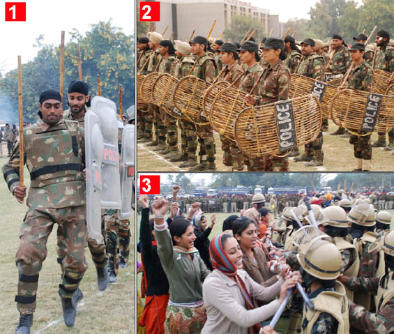 (1) Members of a quick reaction team (QRT) of the police undergo a special drill organised to deal with demonstrations, including dharnas and road blockades, at the Police Lines ground in Bathinda on Thursday. (2) A contingent of the QRT awaits orders from its officer. (3) Cops control sloganeers during a dummy protest held on the occasion.