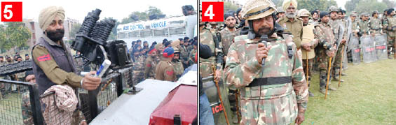 (4) A cop makes an announcement on a public address system. (5) A special gun that aims at dispersing the crowd being refilled.