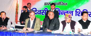 Uttarakhand Chief Minister Vijay Bahuguna, along with state Congress president Yashpal Arya and general secretary in-charge Birender Singh, participates in Chintan Shivir of the Congress in Dehradun on Thursday