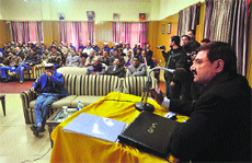 ID Bhandari speaks during the inauguration of a portal for citizen-centric service delivery at the police headquarters in Shimla on Thursday. 
