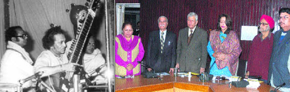 Pt Ravishankar at the Harivallabh Sangeet Mahsabha in Jalandhar in 1973.   A file photograph; and (right) Members of the sabha mourn in the demise of the sitar maestro, in Jalandhar on Wednesday. 
